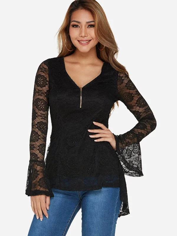 Custom V-Neck Lace Zip Back Long Sleeve Irregular Hem Black T-Shirts