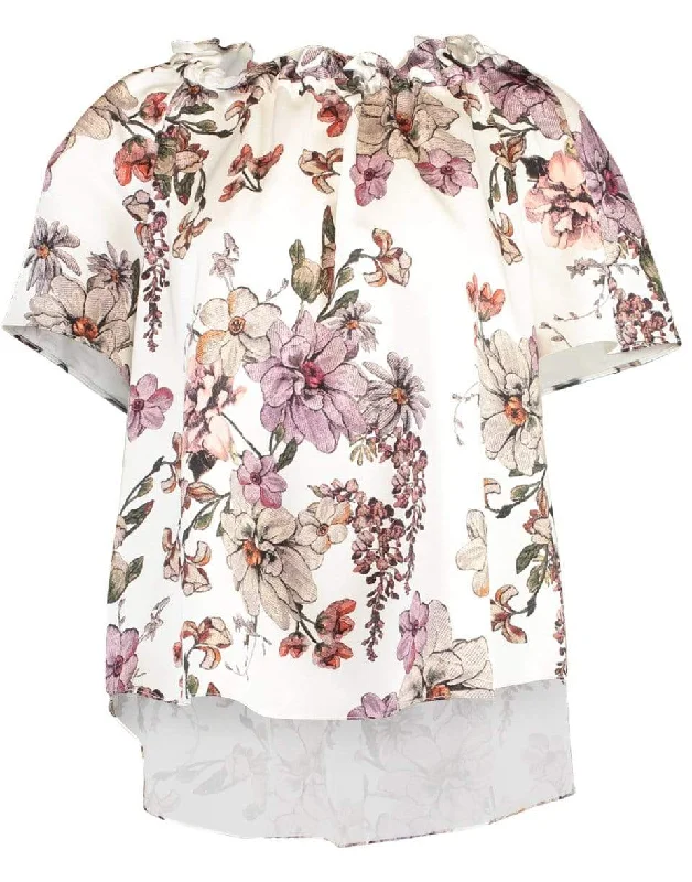 Shirred Neck Silk Charmeuse Print Top