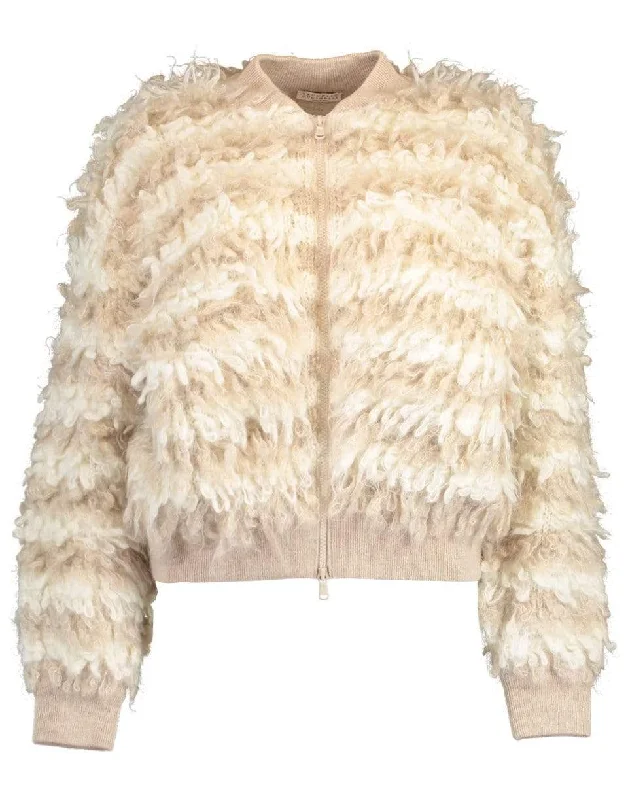 Textured Striped Mohair Zip Up Sweater