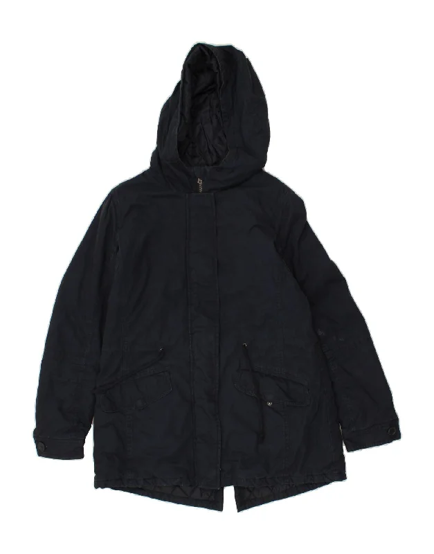 BENETTON Womens Hooded Parka Jacket UK 12 Medium Navy Blue Cotton