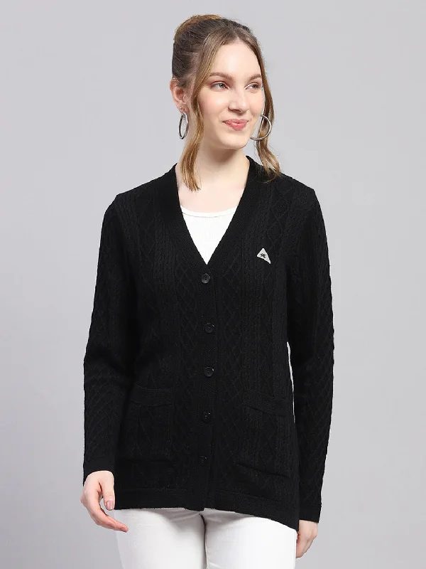 Women Black Self Design V Neck Full Sleeve Cardigan